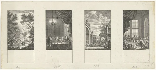 Vier episodes uit de vaderlandse geschiedenis by Simon Fokke, print, 1722-1784