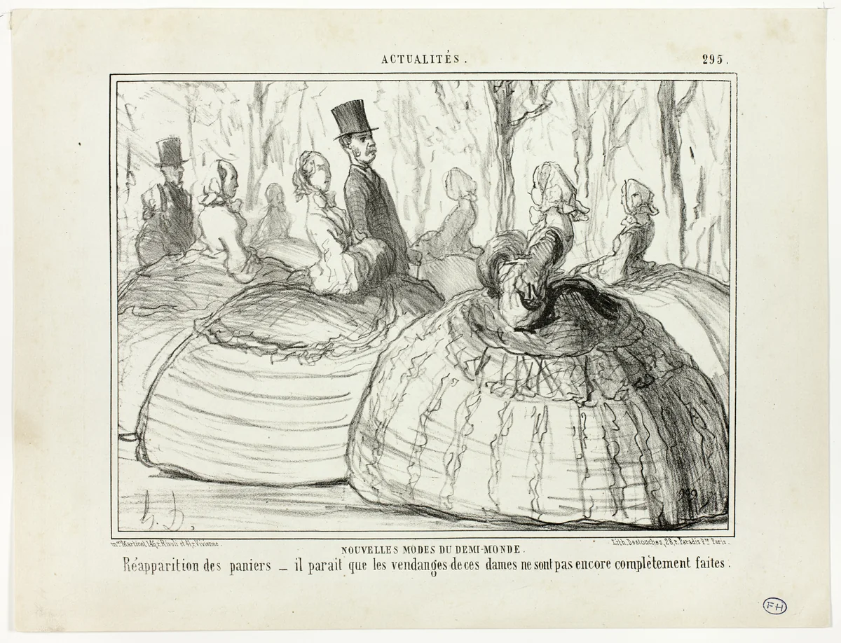 New Fashion of the Half-World. Reappearance of the baskets – it seems that these ladies are not yet quite done with their harvest, plate 295 from Actualités by Honoré-Victorin Daumier, print, 1856