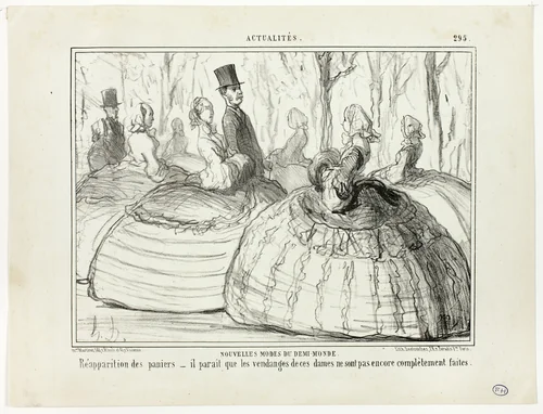 New Fashion of the Half-World. Reappearance of the baskets – it seems that these ladies are not yet quite done with their harvest, plate 295 from Actualités by Honoré-Victorin Daumier, print, 1856