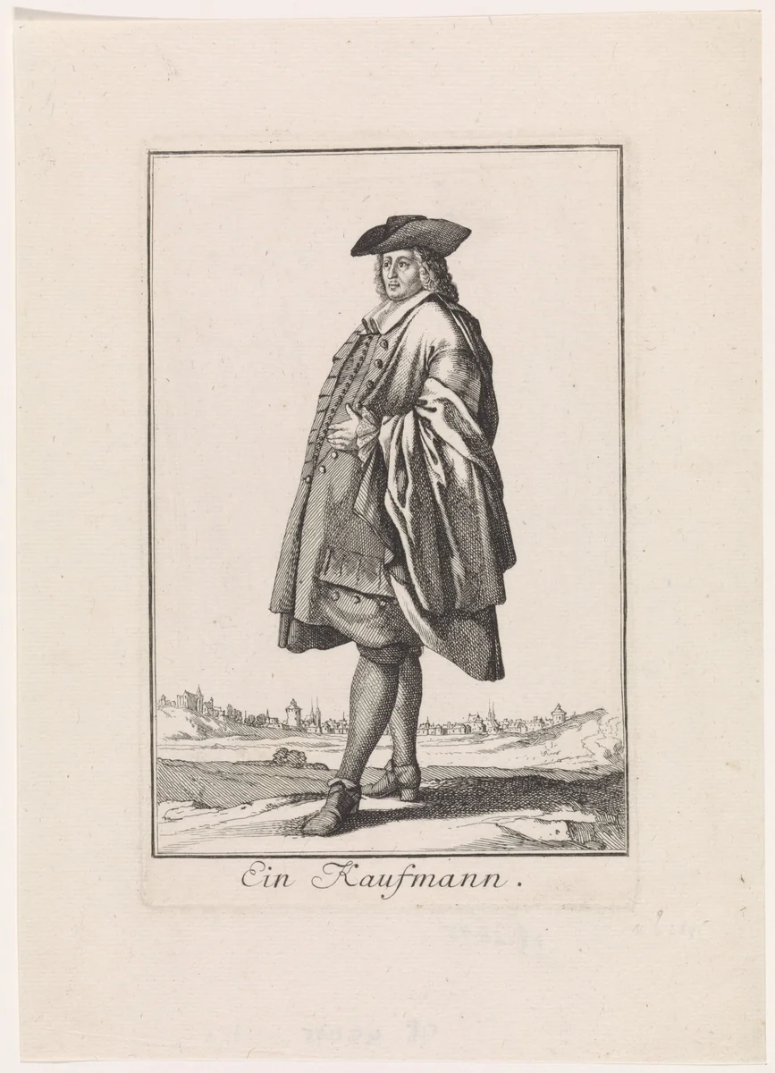 Kledij van een Neurenbergse koopman by Caspar Luyken, print, 1701