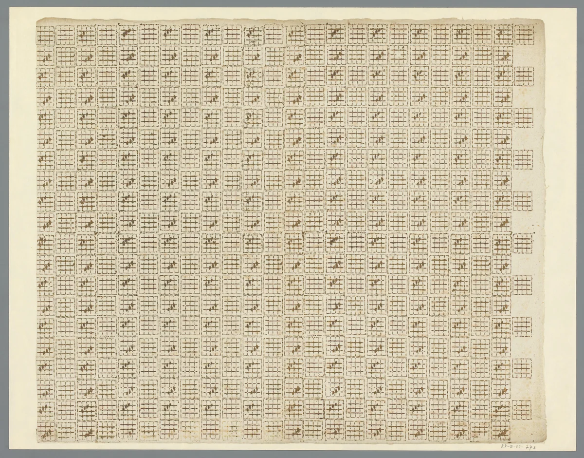 Blad met schaakbordpatroon met vierkanten met traliewerk by anonymous, print, 1750-1950