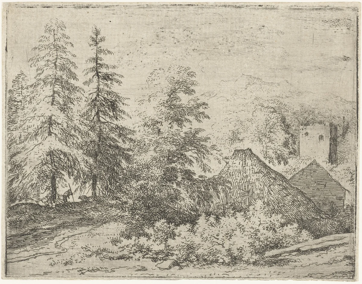 Landschap met man tussen twee sparren by Allaert van Everdingen, print, 1631-1675