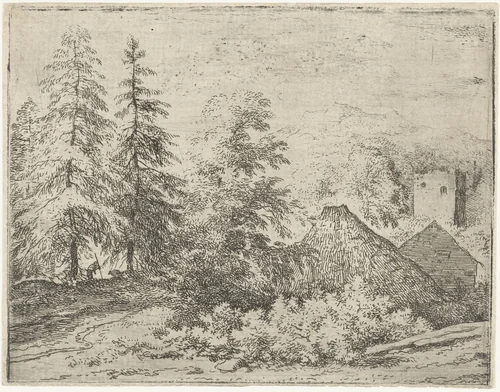 Landschap met man tussen twee sparren by Allaert van Everdingen, print, 1631-1675