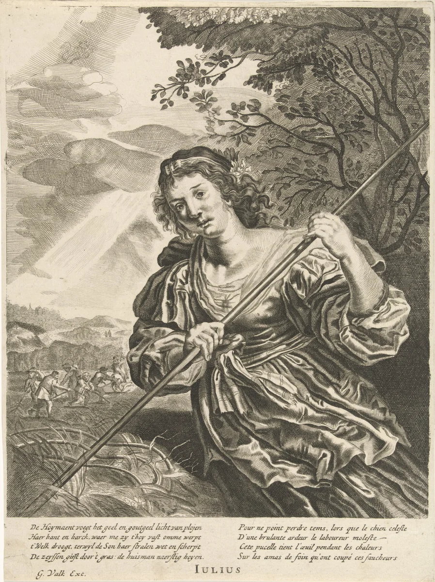 Juli: een oogstende vrouw by anonymous, print, 1670-1726