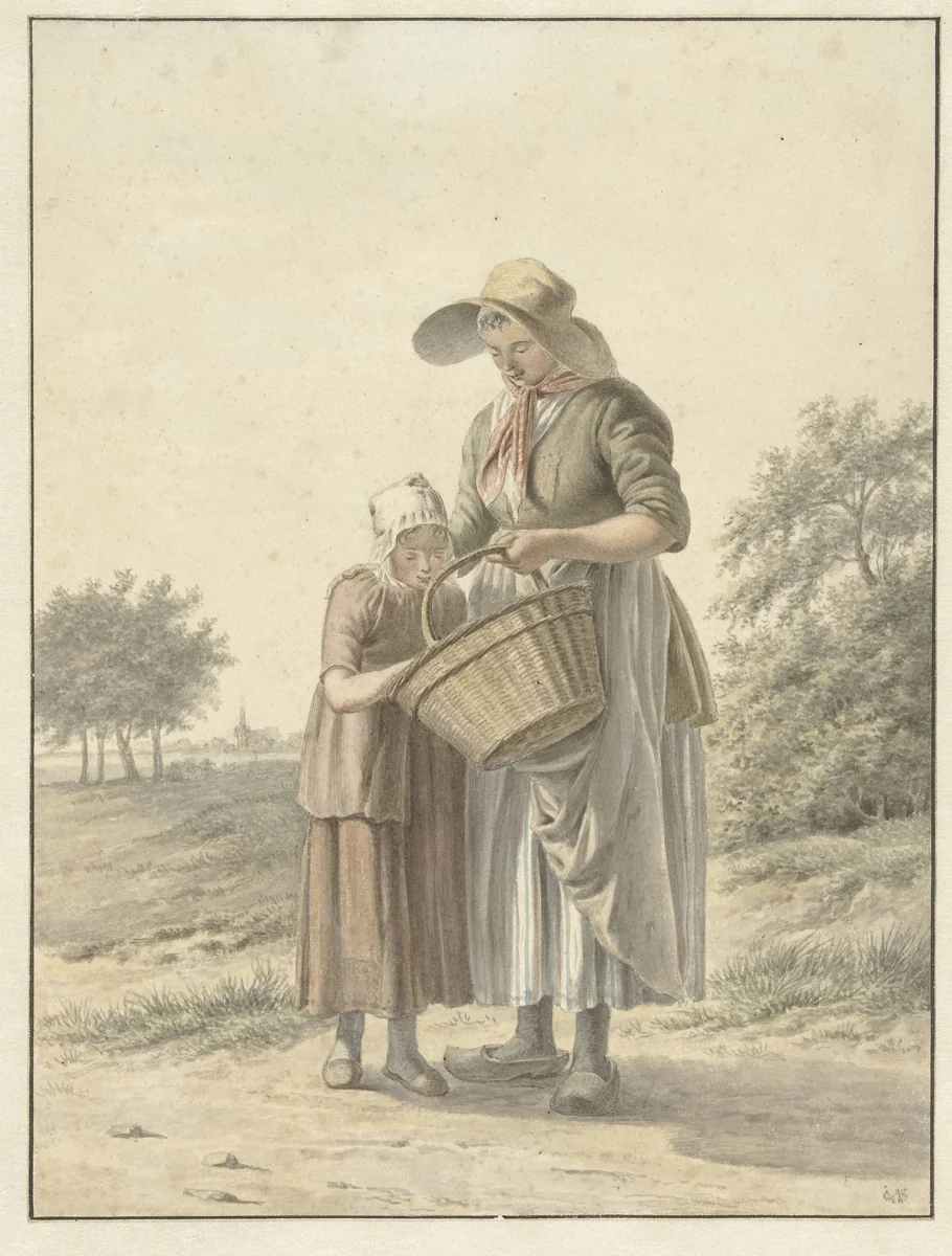 Vrouw en meisje op een landweg by Johan Christiaan Willem Safft, drawing, 1788-1849