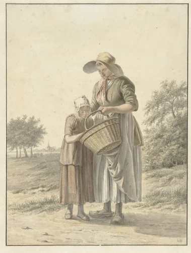 Vrouw en meisje op een landweg by Johan Christiaan Willem Safft, drawing, 1788-1849