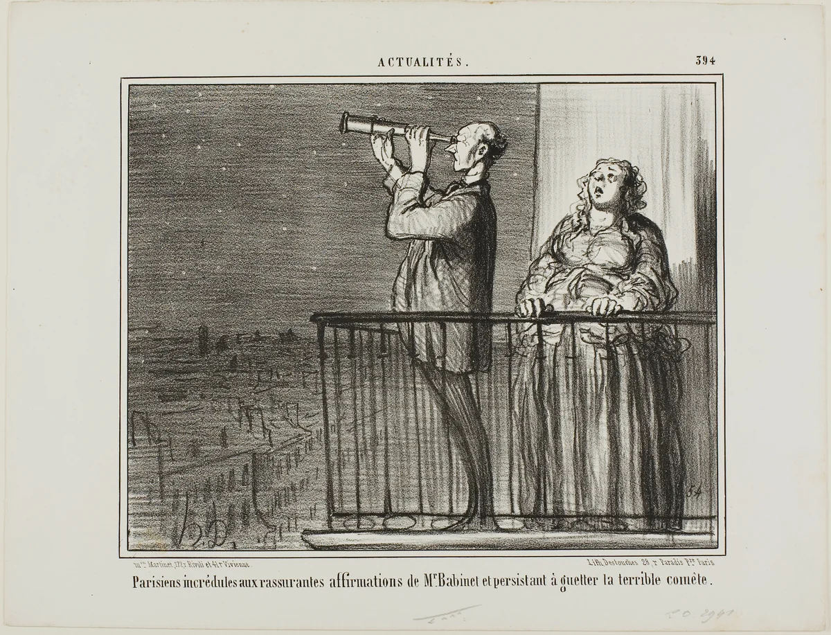 The Parisians don't quite trust the assurances of Monsieur Babinet and insist on lying in wait for the comet, plate 394 from Actualités by Honoré-Victorin Daumier, print, 1857