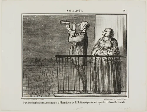 The Parisians don't quite trust the assurances of Monsieur Babinet and insist on lying in wait for the comet, plate 394 from Actualités by Honoré-Victorin Daumier, print, 1857