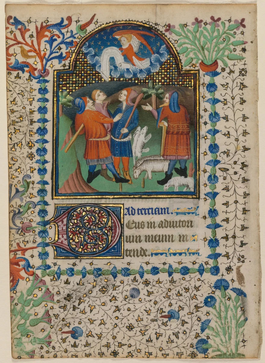 Leaf from a Book of Hours: Annunciation to the Shepherds (recto) by Boethius Illuminator, manuscript, 1405-1425
