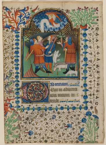 Leaf from a Book of Hours: Annunciation to the Shepherds (recto) by Boethius Illuminator, manuscript, 1405-1425