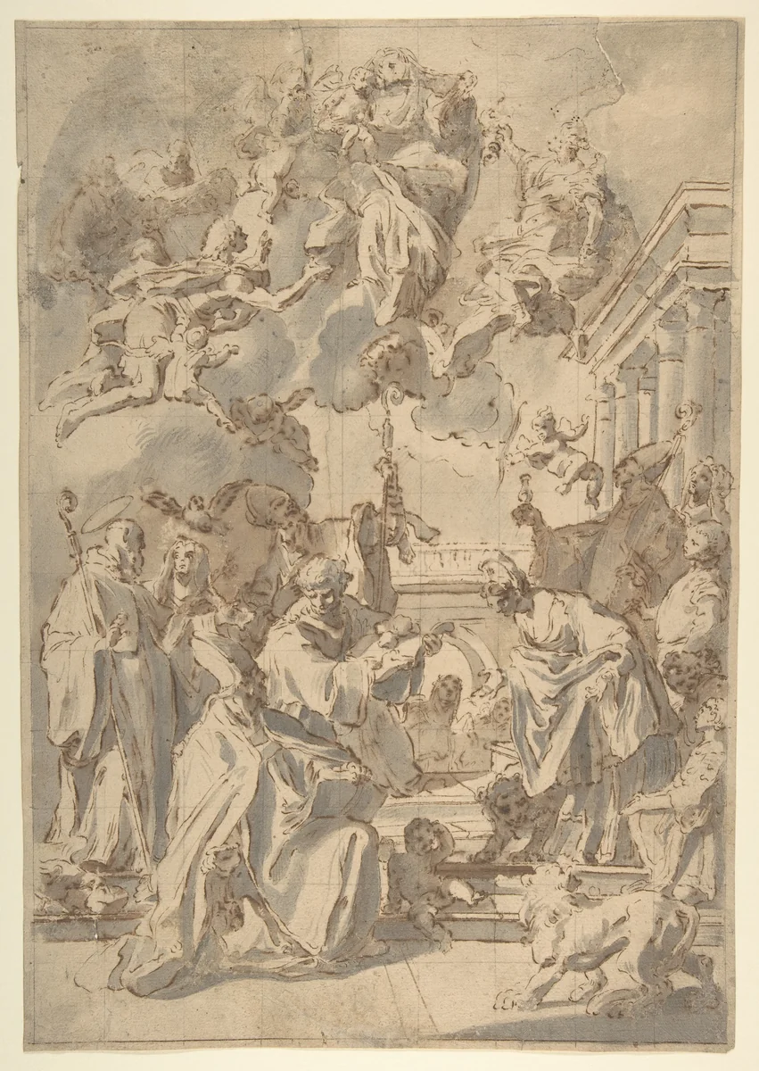 Virgin and Child in Glory with Angels and Saints by anonymous, drawing, 1700-1800
