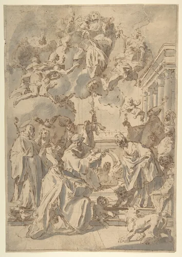 Virgin and Child in Glory with Angels and Saints by anonymous, drawing, 1700-1800