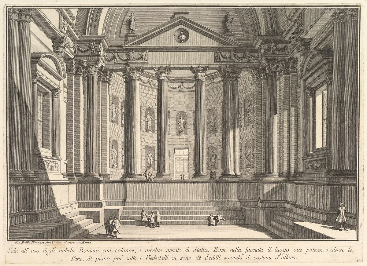 Colonnaded hall according to the custom of the ancient Romans, and niches adorned with statues (Sala all'uso degli antichi Romani con Colonne, e nicchie ornate di Statue), from "Prima Parte di Architettura, e Prospettive" by Giovanni Battista Piranesi, print, 1745-1755