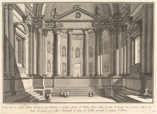 Colonnaded hall according to the custom of the ancient Romans, and niches adorned with statues (Sala all'uso degli antichi Romani con Colonne, e nicchie ornate di Statue), from "Prima Parte di Architettura, e Prospettive" by Giovanni Battista Piranesi, print, 1745-1755