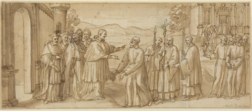 The Meeting of San Carlo Borromeo and San Filippo Neri by Italian 17th Century, drawing, 1600