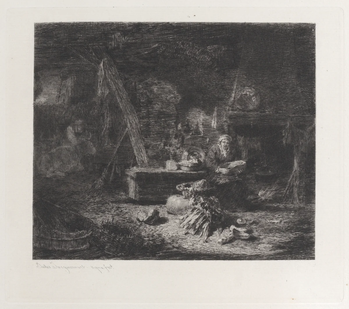 Interior of a Dutch Kitchen, after Willem Kalf, from "Etchings of Pictures in the Metropolitan Museum New York" by Jules Ferdinand Jacquemart, print, 1871