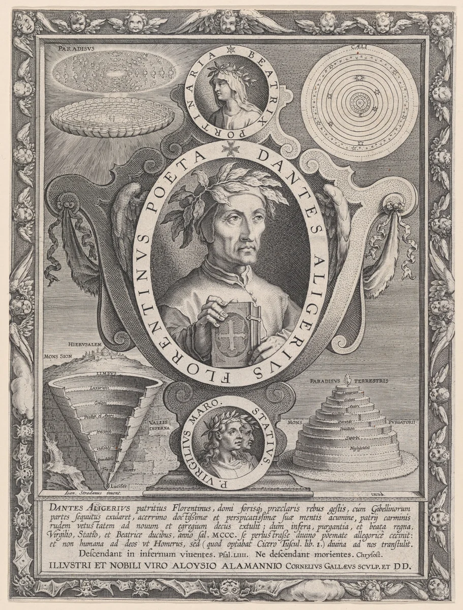 Portrait of Dante Alighieri by Jan van der Straet, print, 1590-1600