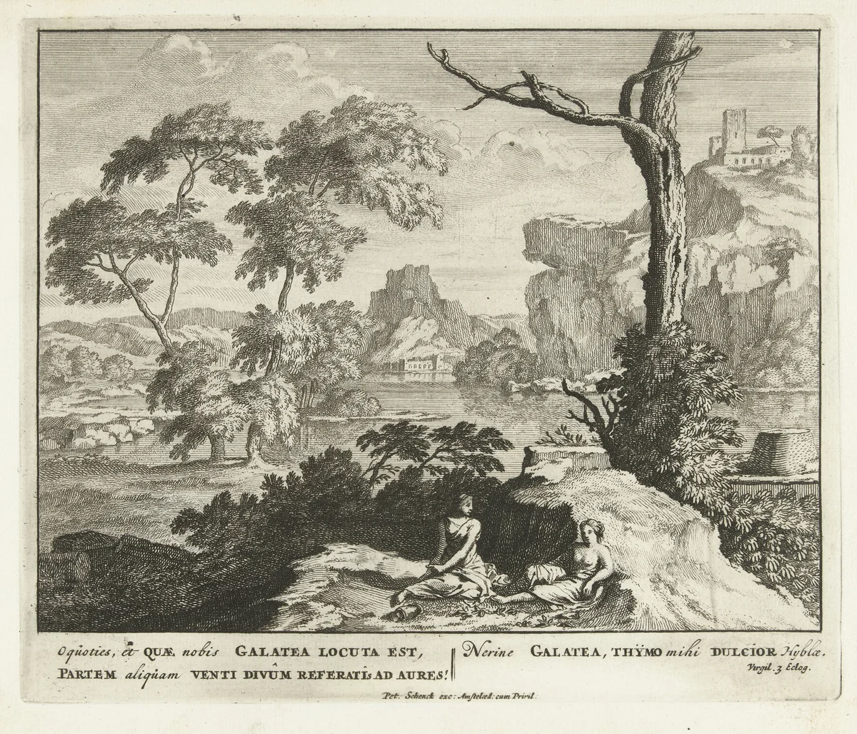Landschap met twee herderinnen by Jan van Call, print, 1666-1706