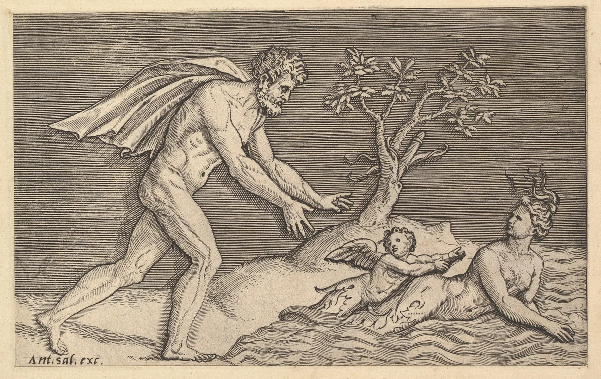 Naked Man Pursuing a Naiad, from "Speculum Romanae Magnificentiae" by Marco Dente, print, 1510-1532