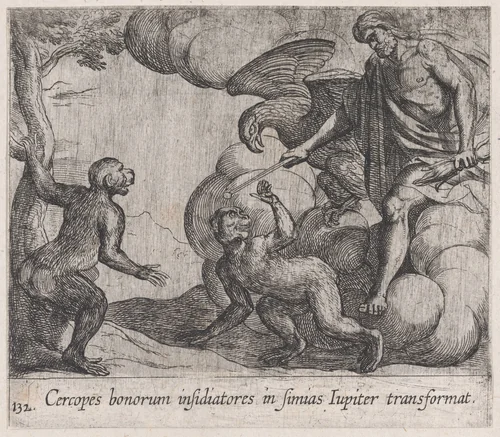 Plate 132: Jupiter Changing the Cercopians into Monkeys (Cercopes bonorum insidiatores in Simias Iupiter transformat), from Ovid's 'Metamorphoses' by Antonio Tempesta, print, 1606
