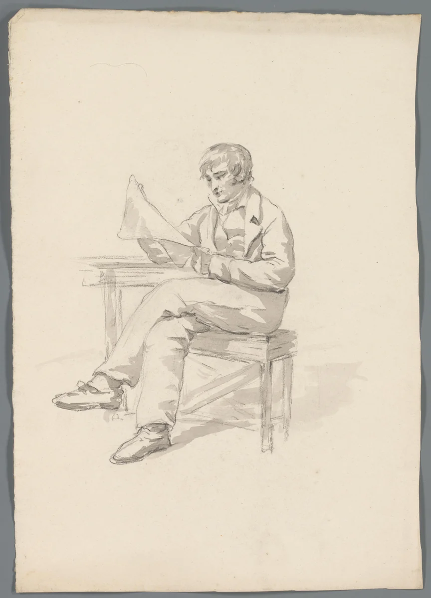 Zittende man met krant by anonymous, drawing, 1820-1830