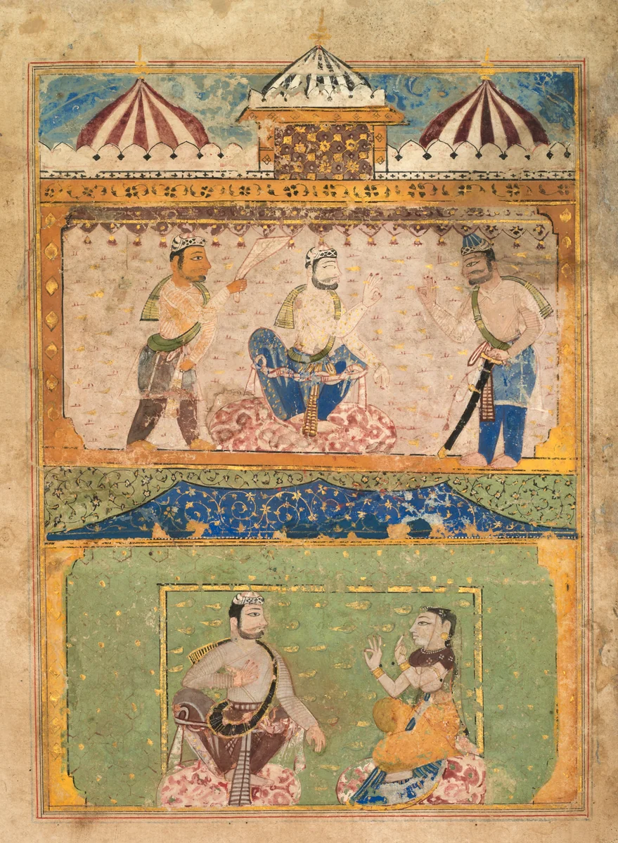 A traveler persuades Lorik to return home (top); Chanda objects (bottom), from a Chandayana (Story of Chanda) by Unknown, painting, 1535-1545