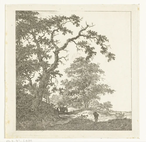 Kruisend zandpad met karren en man met pak op zijn rug by Hermanus van Brussel, print, 1800-1815