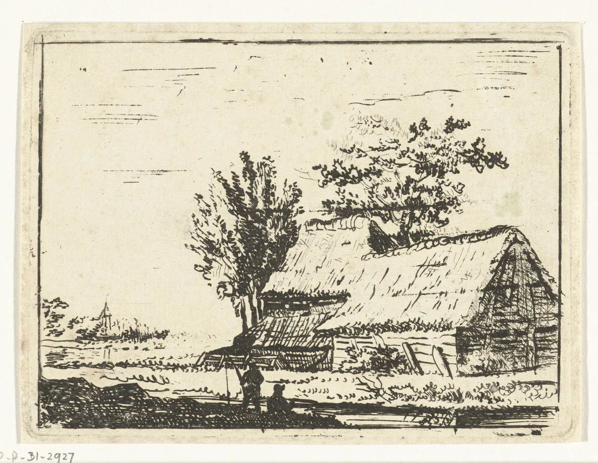 Landschap met boerderij en twee hengelaars bij een slootje by Anthonie van den Bos, print, 1778-1838