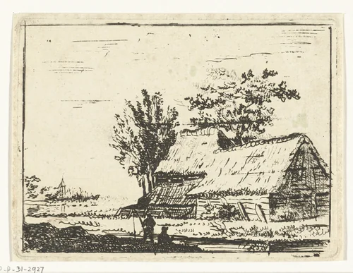 Landschap met boerderij en twee hengelaars bij een slootje by Anthonie van den Bos, print, 1778-1838