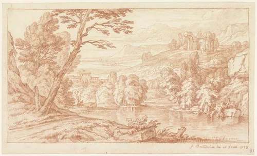 Arcadisch landschap met ruïne by Frans Boudewijns, drawing, 1738