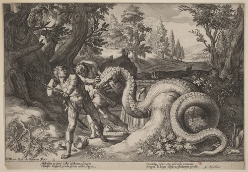 The Dragon Devouring the Companions of Cadmus by Hendrick Goltzius, print, 1610-1620