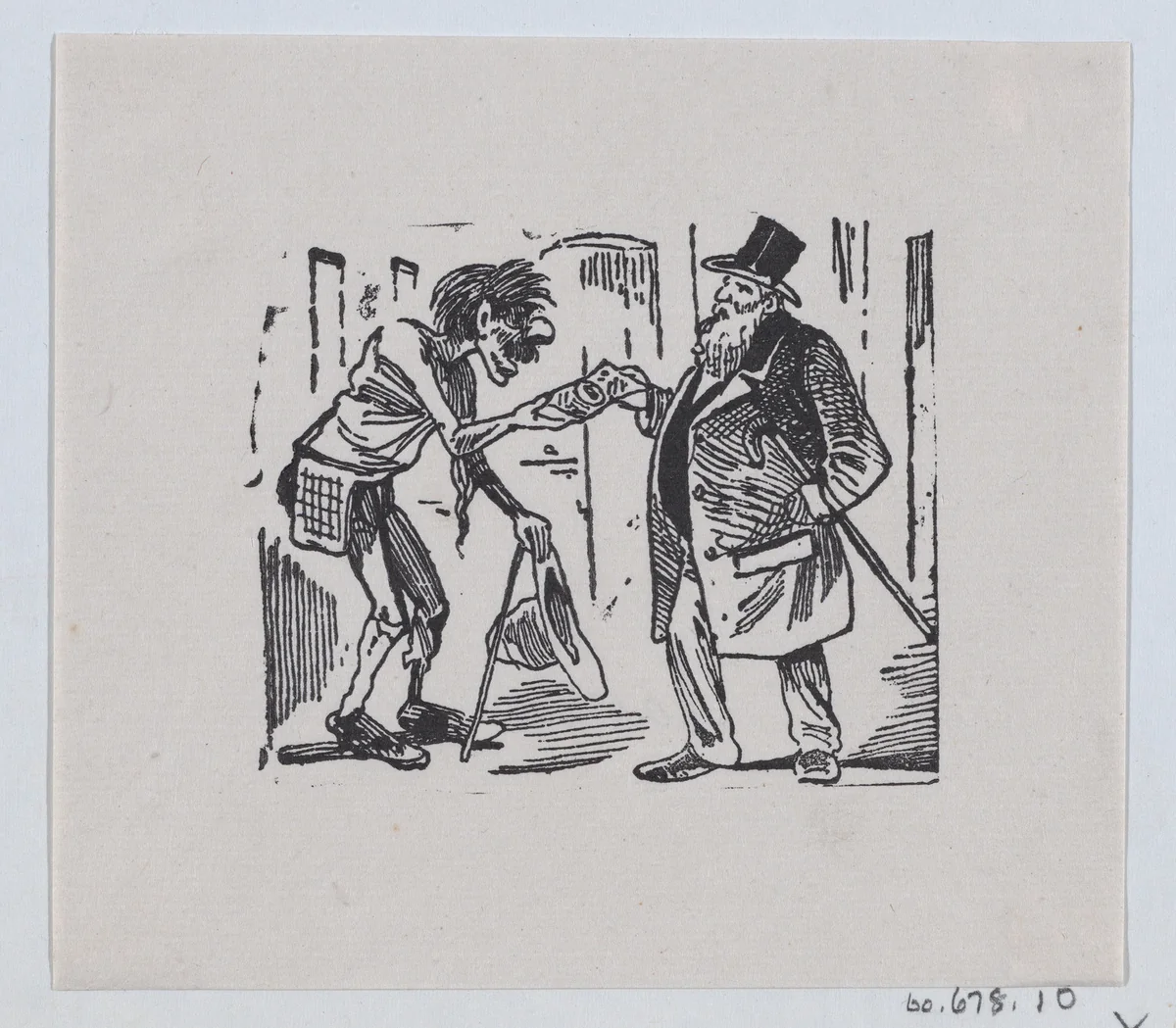 A rich man giving a beggar money by José Guadalupe Posada, print, 1875-1885