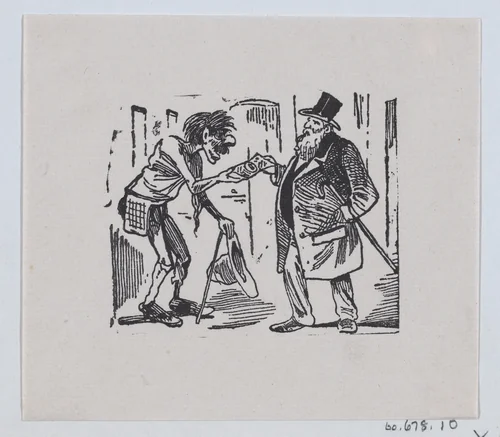 A rich man giving a beggar money by José Guadalupe Posada, print, 1875-1885