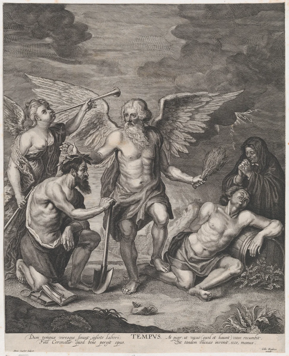 Time crowning Employment and punishing Idleness by Antoine Couchet, print, 1645-1677