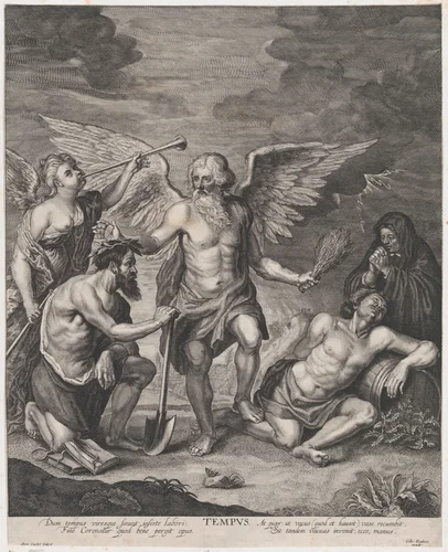 Time crowning Employment and punishing Idleness by Antoine Couchet, print, 1645-1677