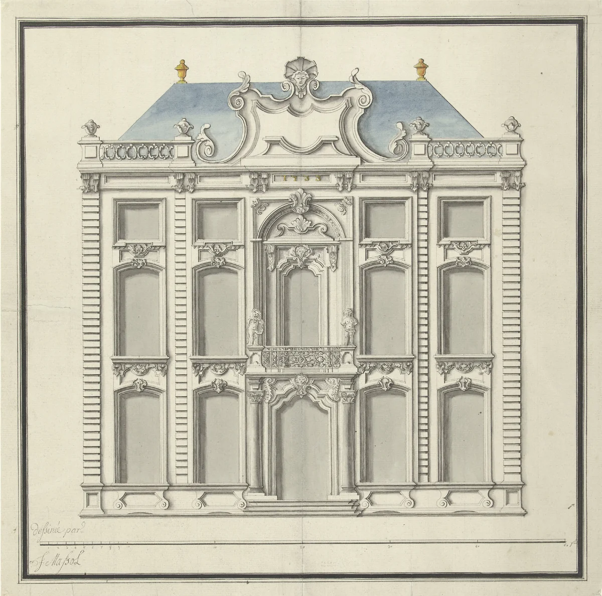Voornaam woonhuis met platte stoep by Joseph Massol, drawing, 1752-1767
