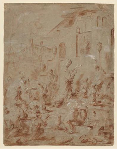 Worshippers at a Street Shrine by Alessandro Magnasco, drawing, 1730-1740