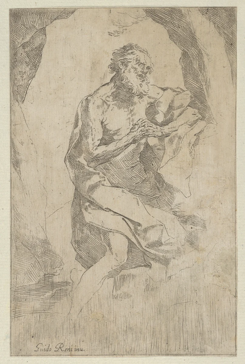Saint Jerome kneeling on a rock in front of a cross and an open book facing right, after Reni by anonymous, print, 1595-1645