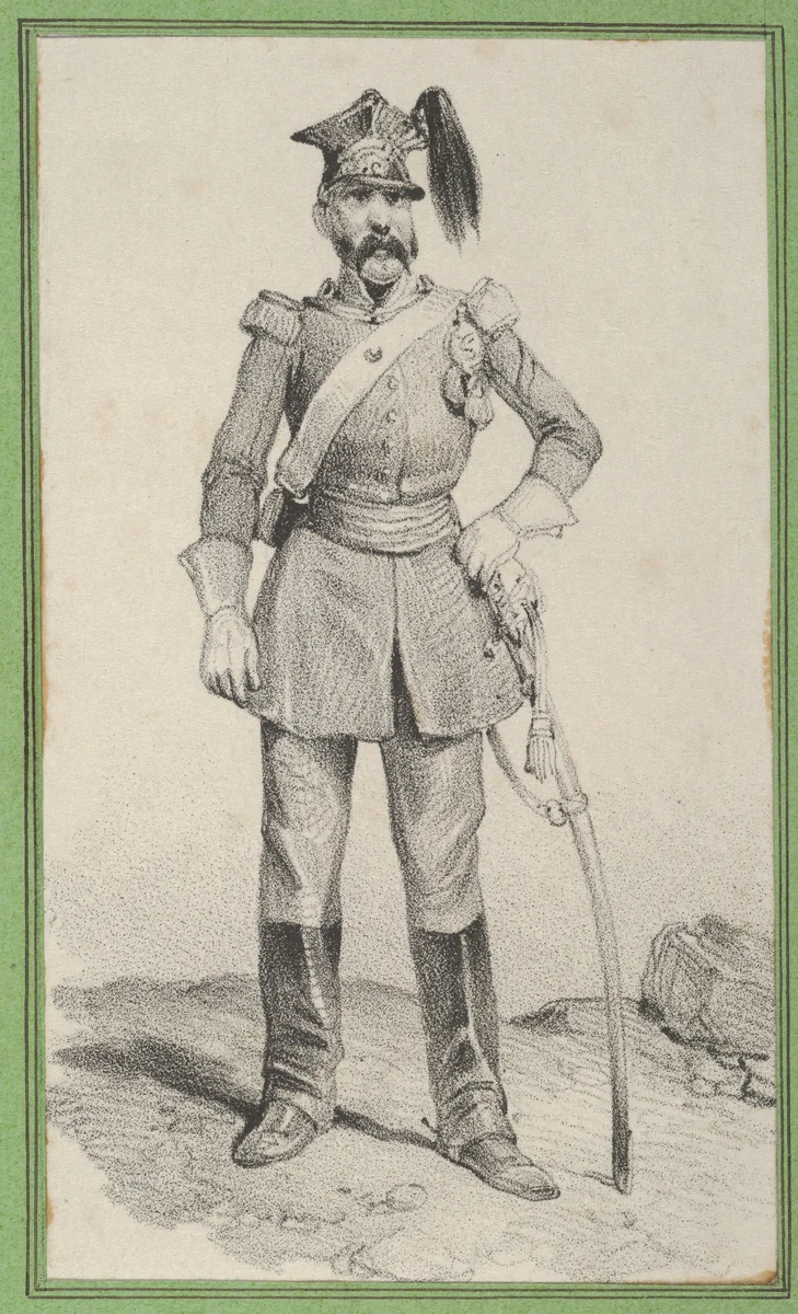 Standing soldier with his hand on the helm of his sword by Victor Adam, print, 1820-1866