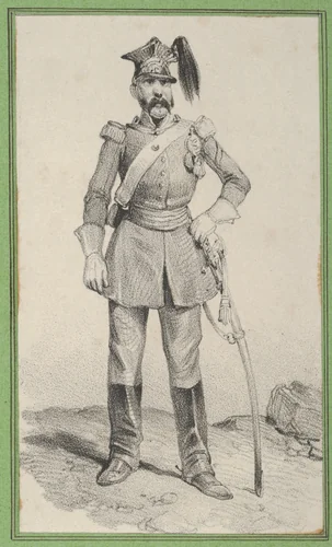 Standing soldier with his hand on the helm of his sword by Victor Adam, print, 1820-1866