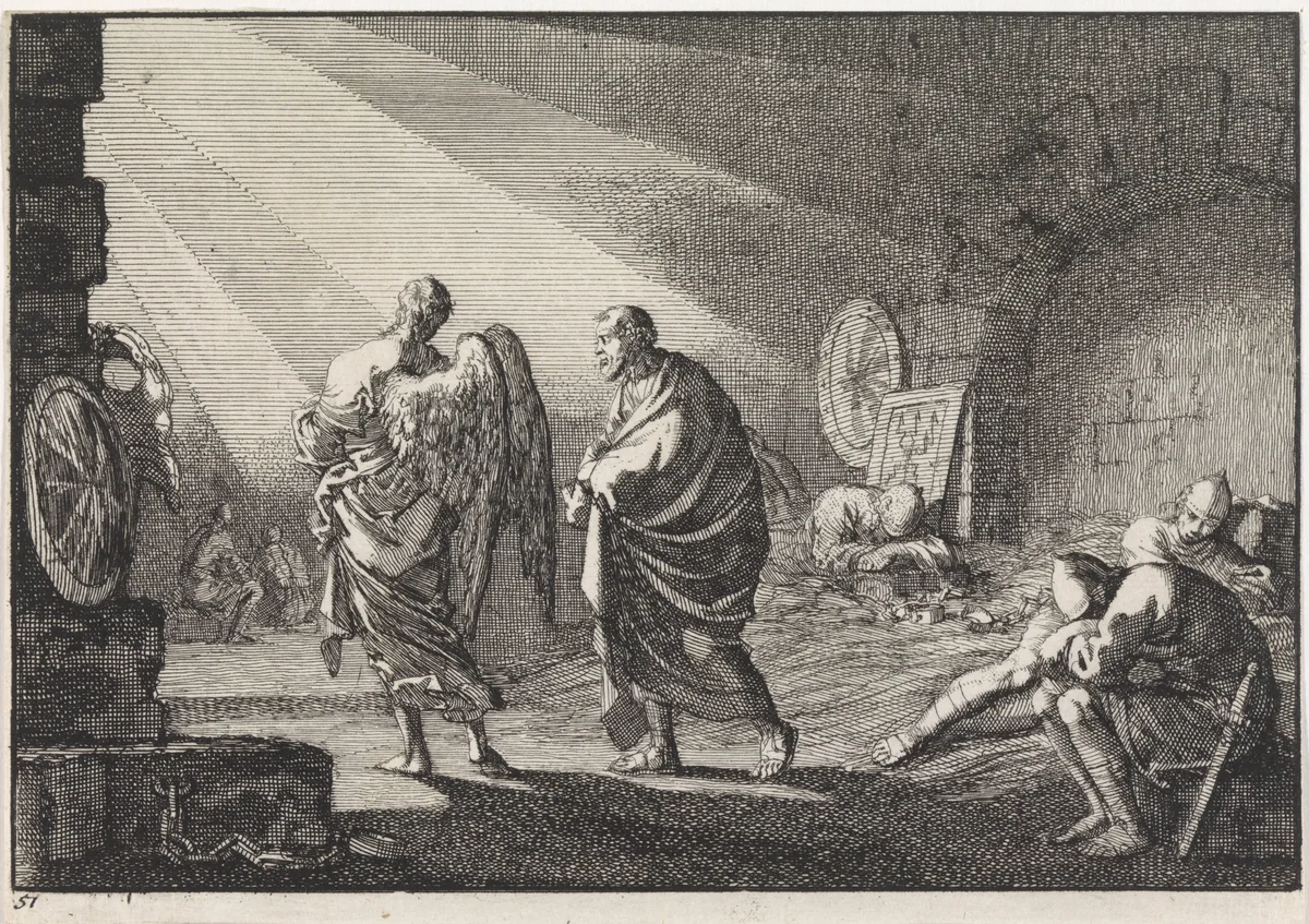 Petrus door de engel uit de gevangenis bevrijd by Jan Luyken, print, 1703