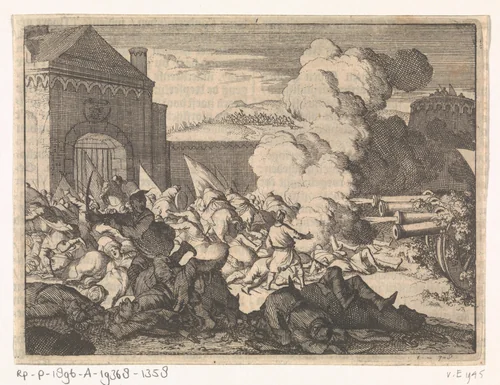 De poort van Siseck in Kroatië waar binnenkomende Turken door kanonnen worden gedood, 1592 by Caspar Luyken, print, 1698