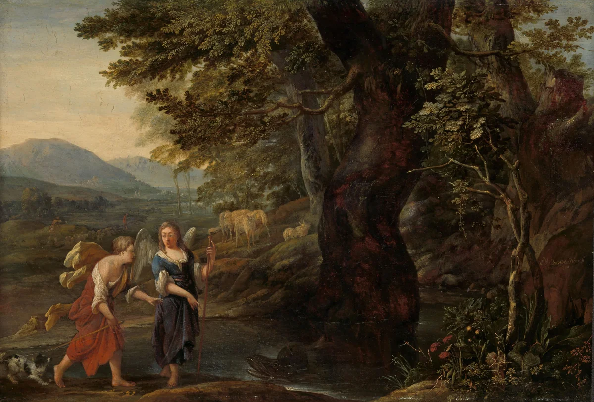 Tobias and the angel by Eglon van der Neer, painting, 1690