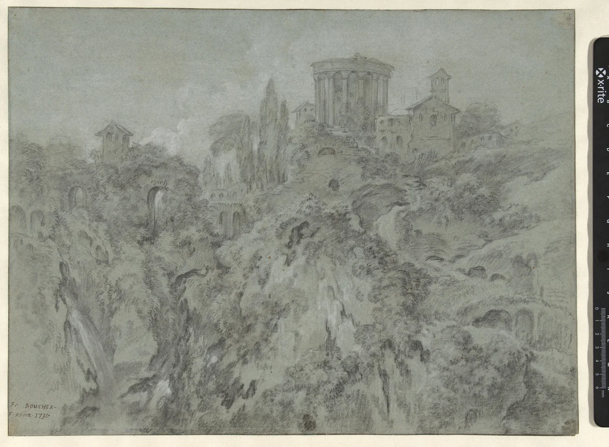 Gezicht op de watervallen bij Tivoli met de tempel van de Sybille by François Boucher, drawing, 1730