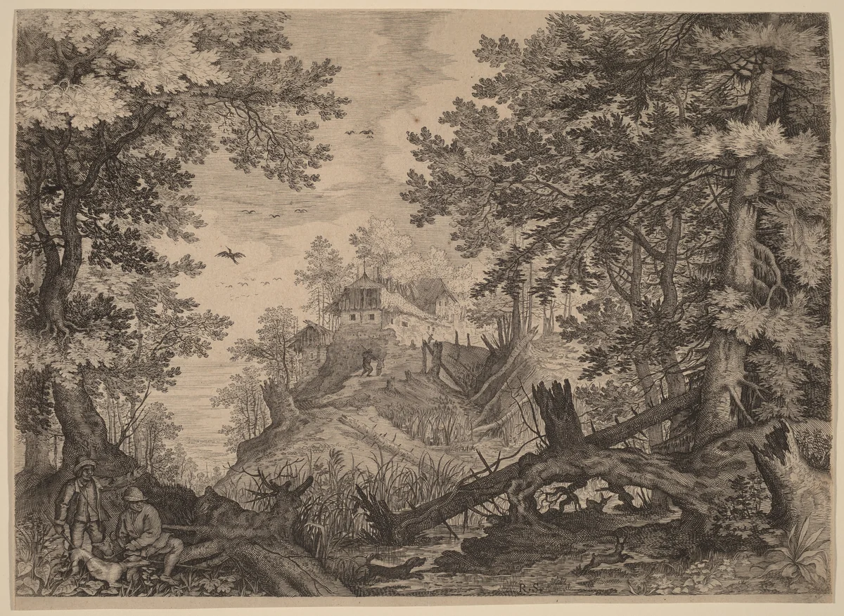 Woodland Scene with Two Hunters and a Dog to the Left by Aegidius Sadeler Roelandt Savery, print, 1609