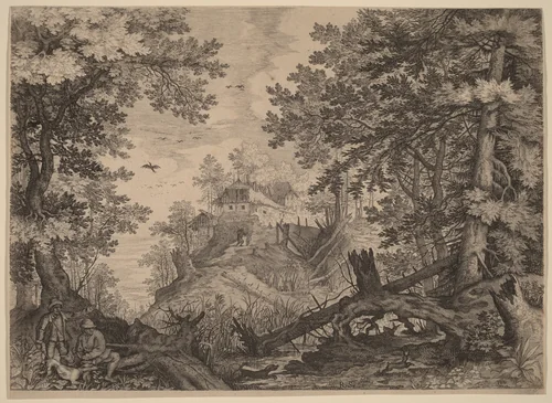 Woodland Scene with Two Hunters and a Dog to the Left by Aegidius Sadeler Roelandt Savery, print, 1609