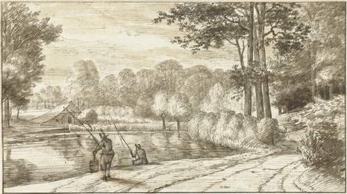 Landscape with Two Fishermen alongside a Road by Abraham Rutgers, drawing, 1682-1699