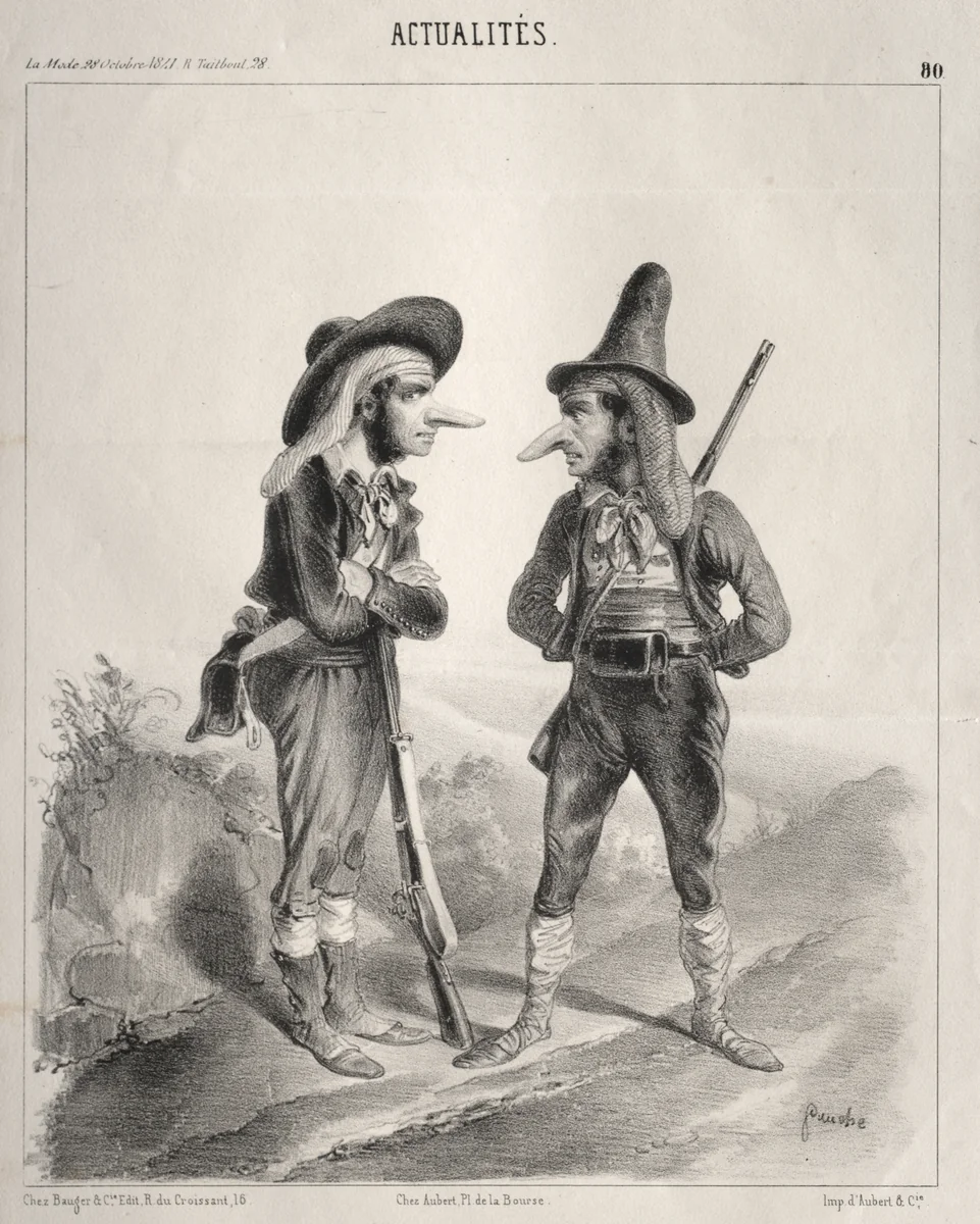Actualités: Insurgez-vous donc! ...hien! voilà qui va devenir gentil! pourvu qu'on ne nous donne par sur les castagnettes!! ... avec notre pied de nez!!! by Clémente Pruche, print, 1841