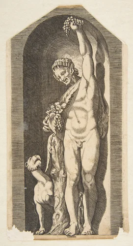 A faun standing in a niche holding aloft a bunch of grapes in his left hand and holding a bundle of fruit in his right hand, a dog lower left by anonymous, print, 1515-1600