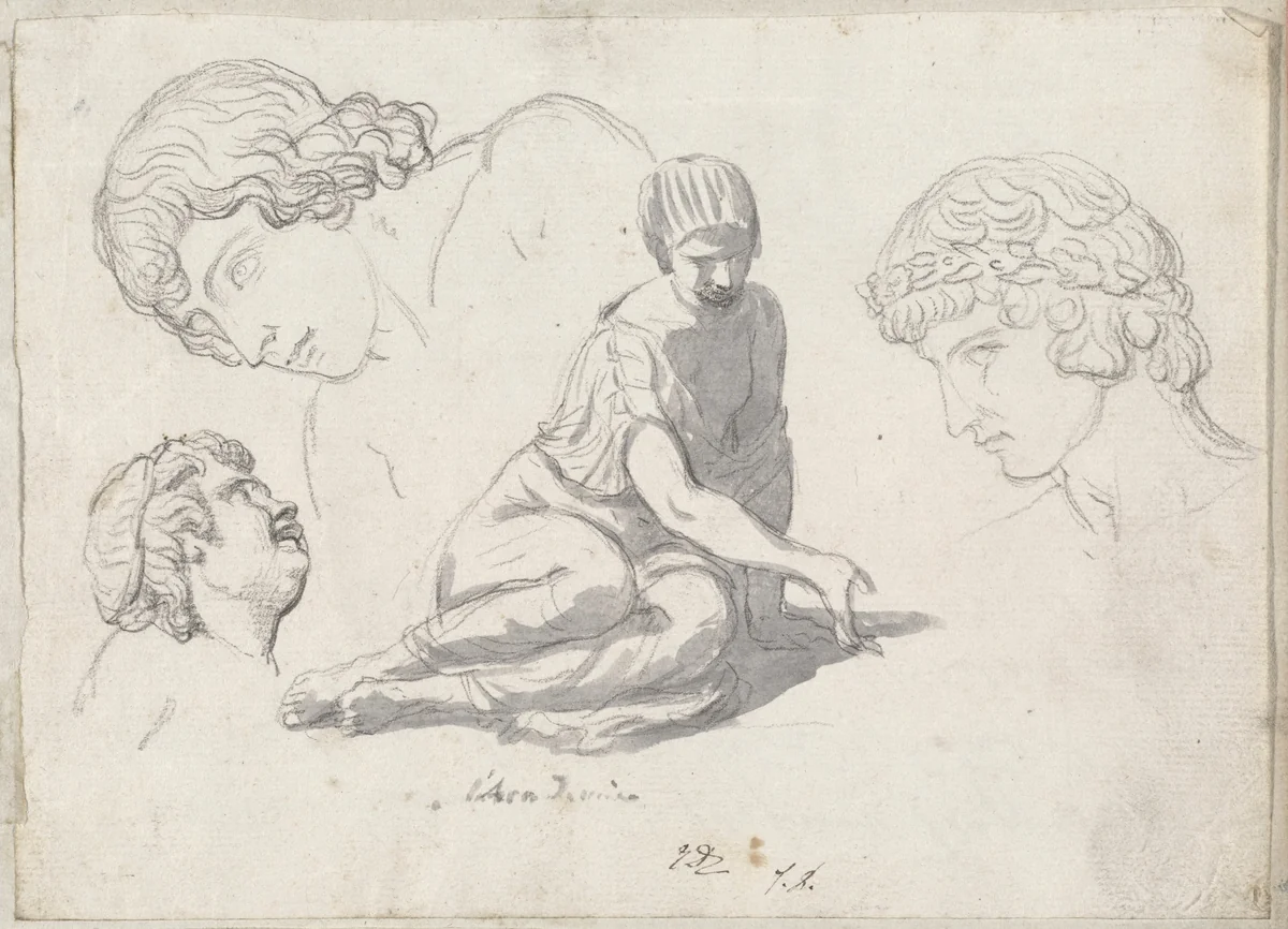 Dice-Thrower and Other Studies after Ancient Sculptures by Jacques-Louis David, drawing, 1775-1780